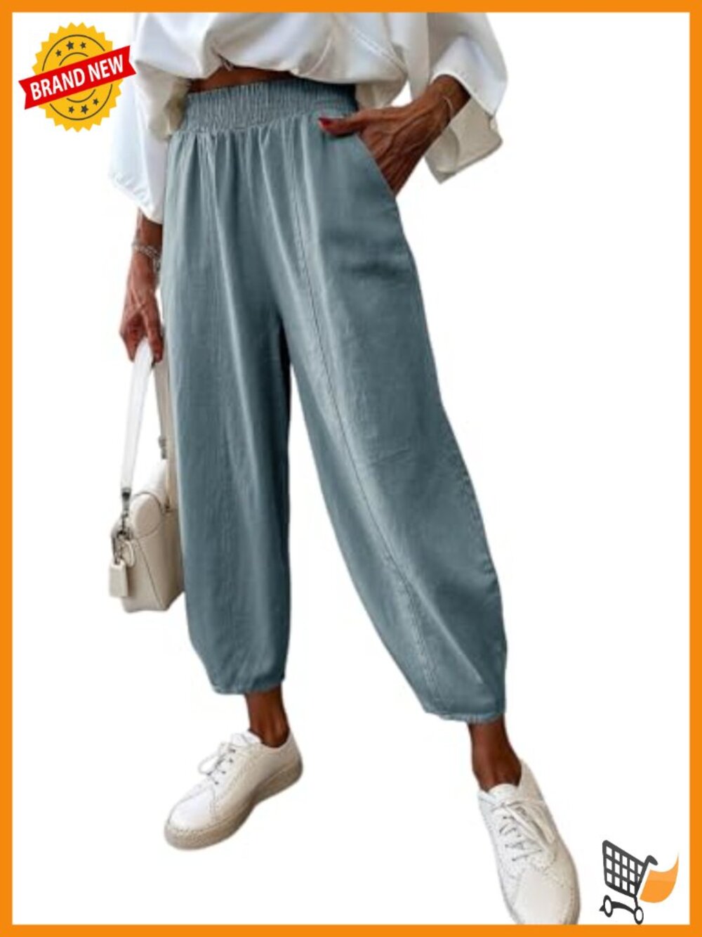 Women's Wide Leg Cotton Baggy Loose Harem Pants Elastic Waist Side Pockets